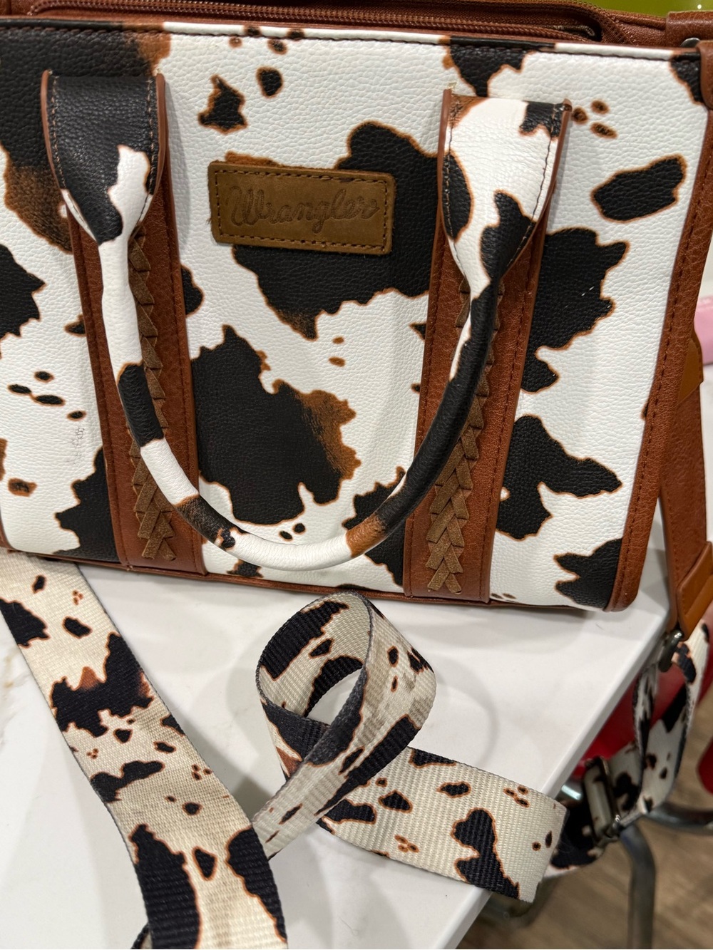 Wrangler Cowprint Tote in White, Black & Brown